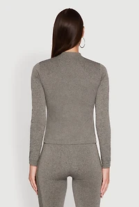 Womens Seamless Marled Mock Neck Long Sleeve Track Jacket, Grey,