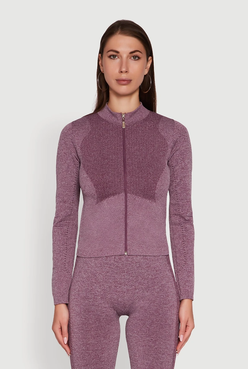 Womens Seamless Marled Mock Neck Long Sleeve Track Jacket, Purple, Size M-L