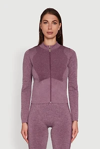 Womens Seamless Marled Mock Neck Long Sleeve Track Jacket, Purple, Size M-L