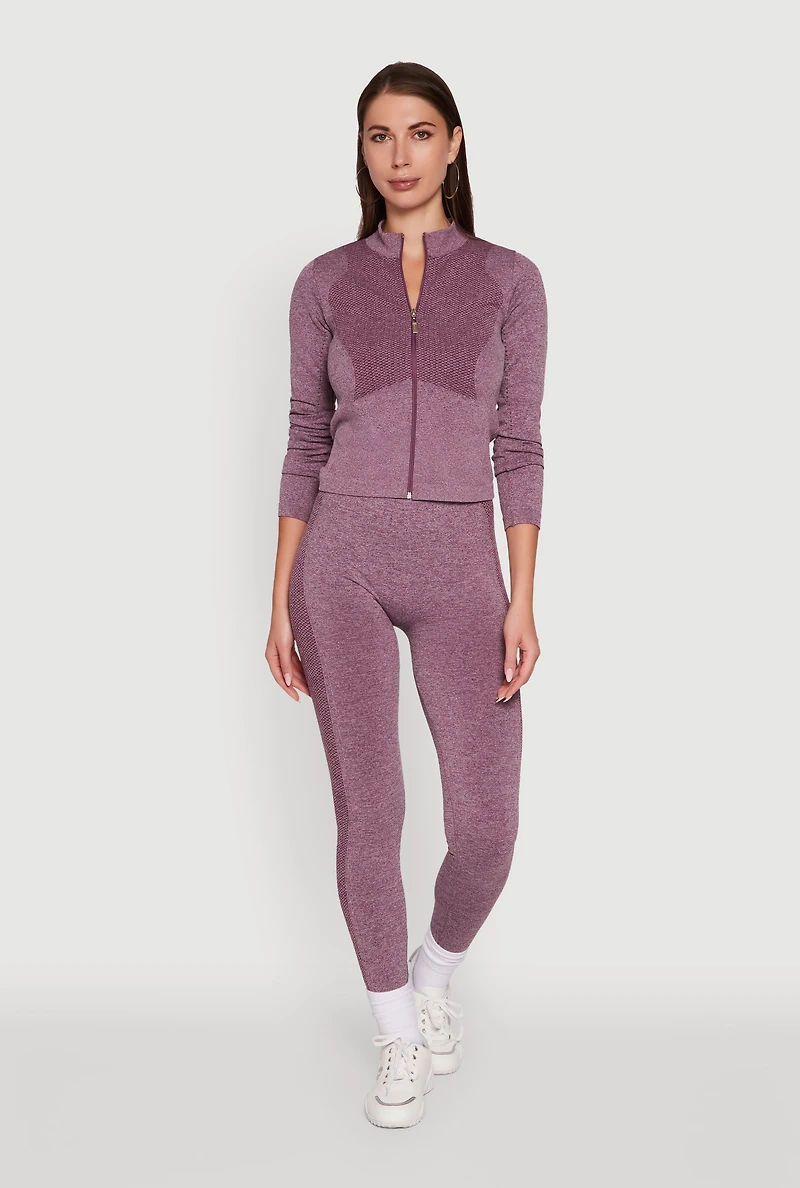 Womens Seamless Marled Mock Neck Long Sleeve Track Jacket, Purple,