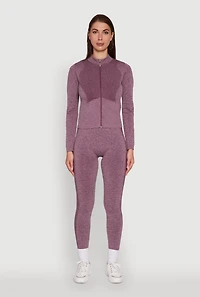 Womens Seamless Marled Mock Neck Long Sleeve Track Jacket, Purple, Size M-L