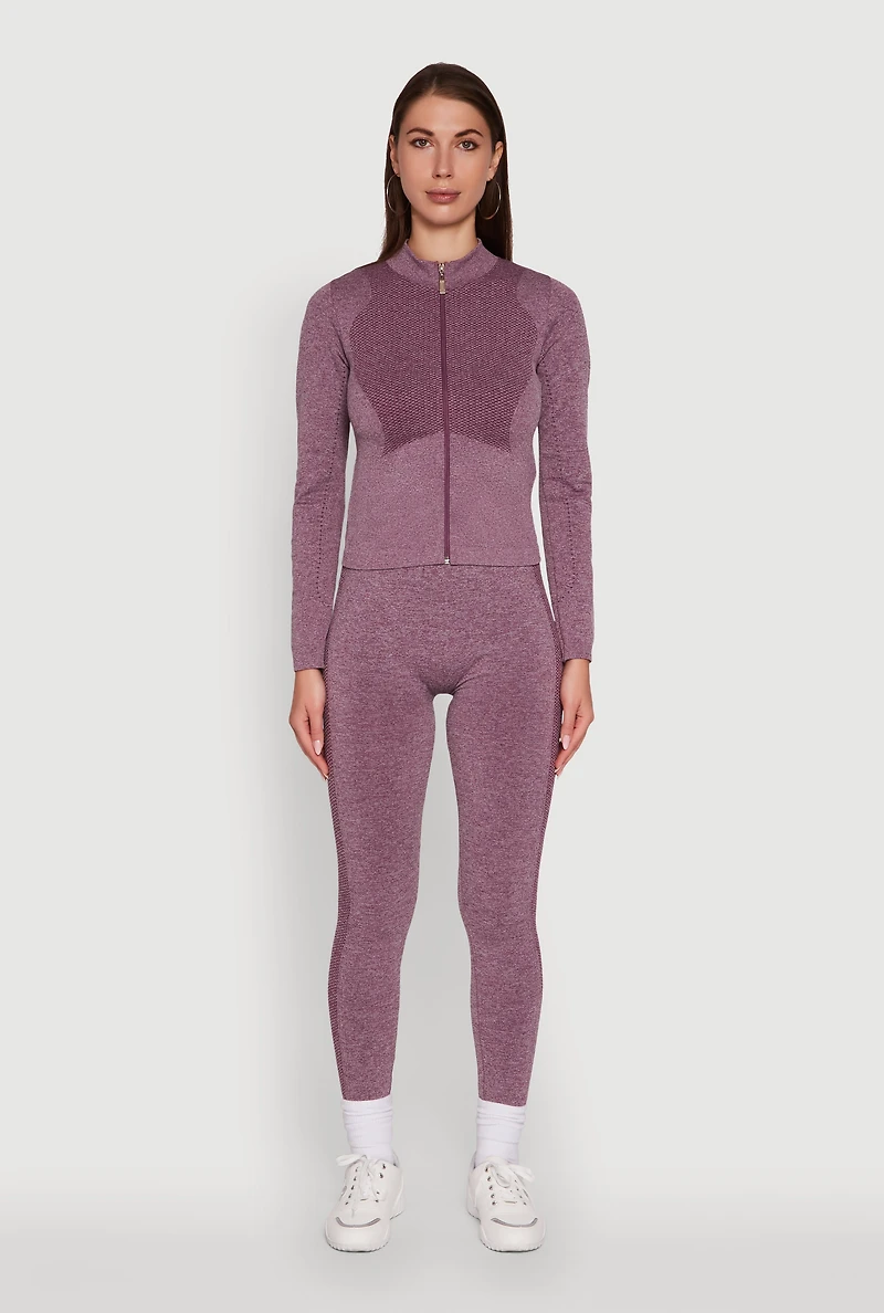 Womens Seamless Marled Mock Neck Long Sleeve Track Jacket, Purple,