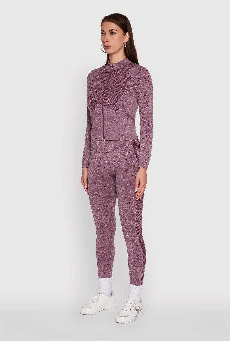 Womens Seamless Marled Mock Neck Long Sleeve Track Jacket, Purple, Size M-L