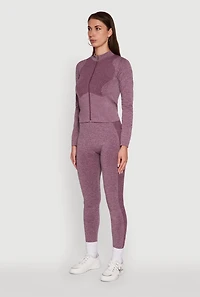 Womens Seamless Marled Mock Neck Long Sleeve Track Jacket, Purple, Size M-L