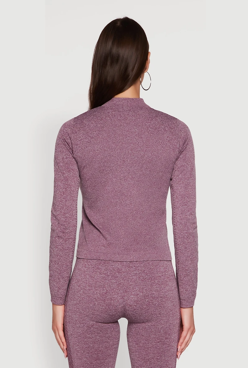 Womens Seamless Marled Mock Neck Long Sleeve Track Jacket, Purple, Size M-L