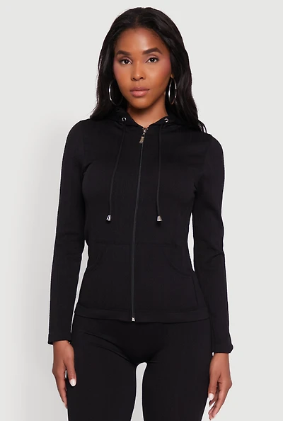 Textured Knit Zip Front Drawstring Hoodie