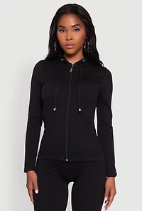 Textured Knit Zip Front Drawstring Hoodie