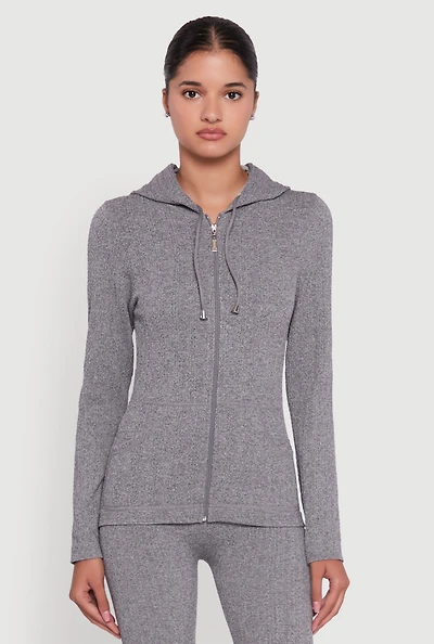 Womens Textured Knit Zip Front Drawstring Hoodie, Grey, Size M-L