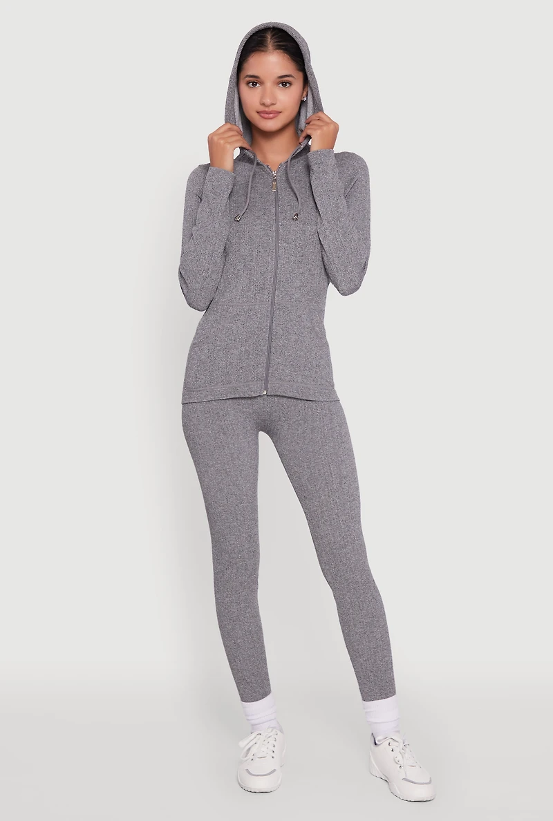 Womens Textured Knit Zip Front Drawstring Hoodie, Grey, Size M-L