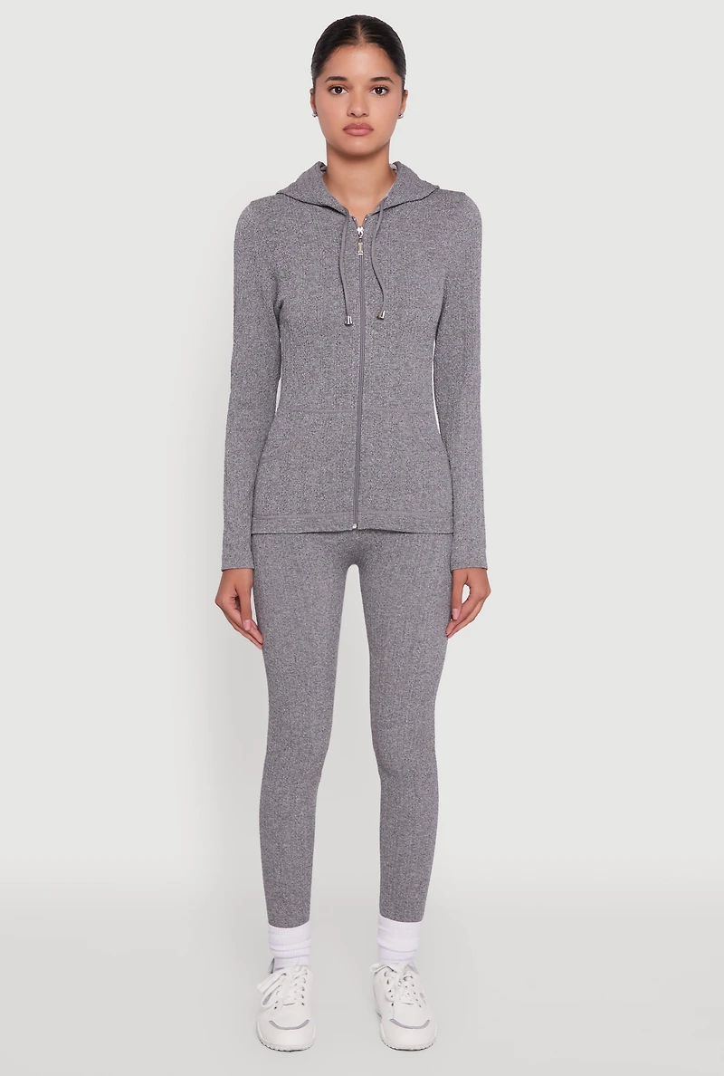 Womens Textured Knit Zip Front Drawstring Hoodie, Grey, Size M-L