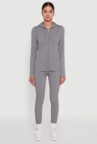 Womens Textured Knit Zip Front Drawstring Hoodie, Grey, Size M-L