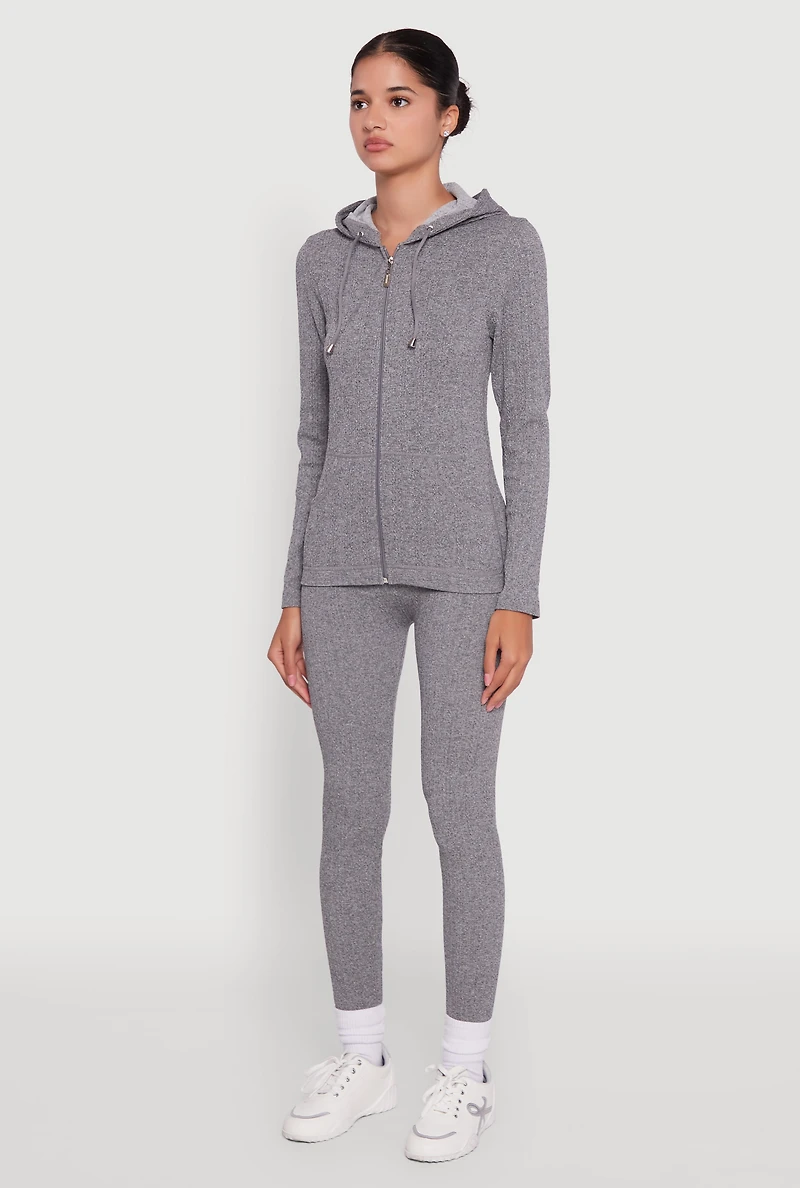 Womens Textured Knit Zip Front Drawstring Hoodie, Grey, Size M-L