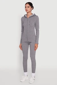 Womens Textured Knit Zip Front Drawstring Hoodie, Grey, Size M-L