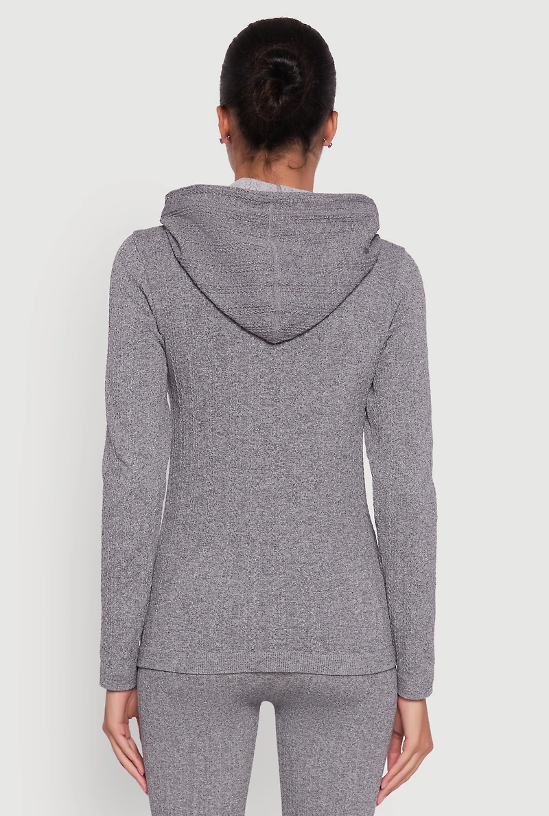 Womens Textured Knit Zip Front Drawstring Hoodie, Grey, Size M-L