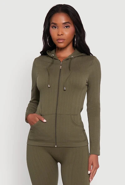 Womens Textured Knit Zip Front Drawstring Hoodie, Green, Size M-L