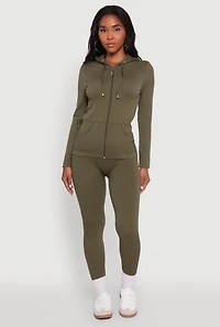 Womens Textured Knit Zip Front Drawstring Hoodie, Green, Size S-M