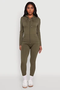 Womens Textured Knit Zip Front Drawstring Hoodie, Green, Size S-M