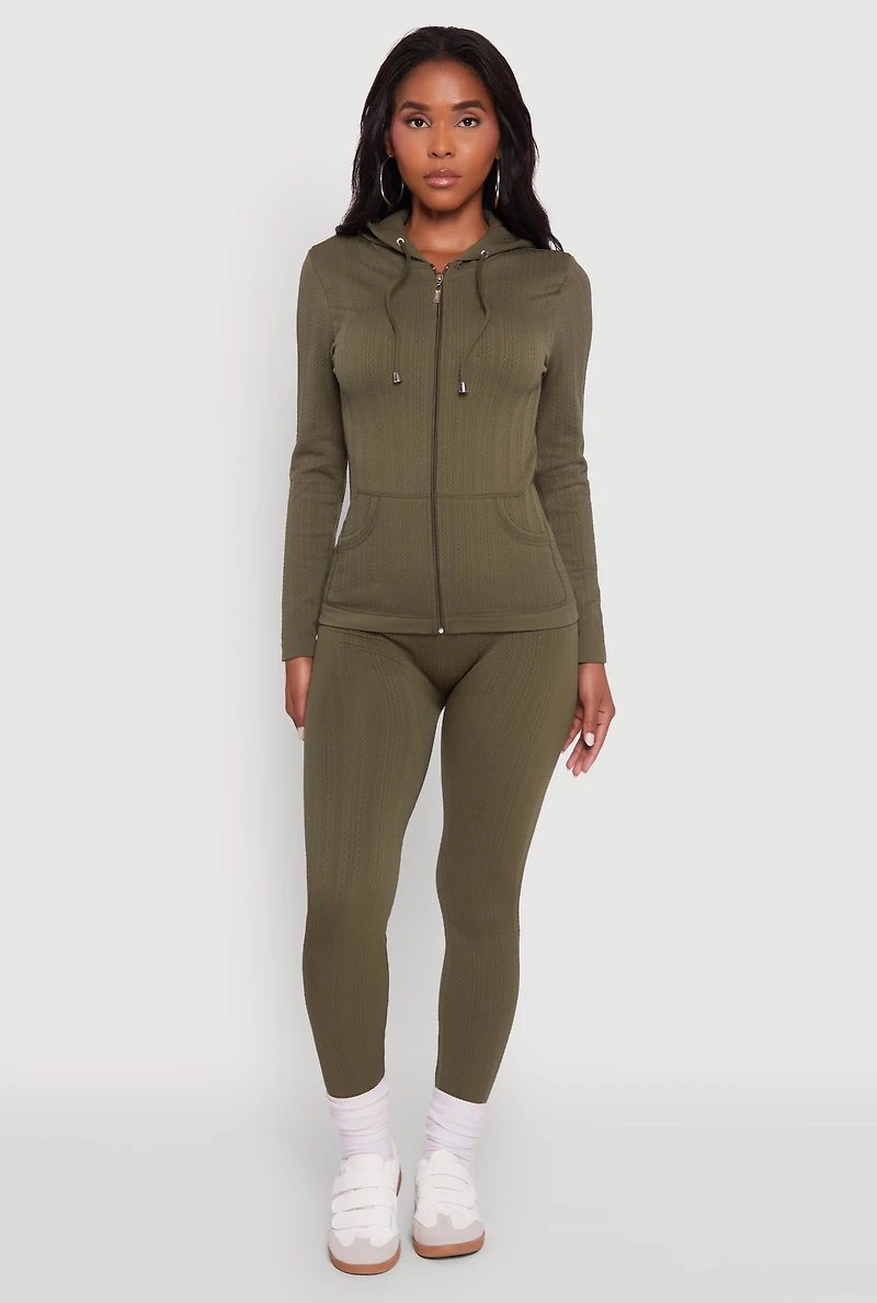 Womens Textured Knit Zip Front Drawstring Hoodie, Green, Size M-L