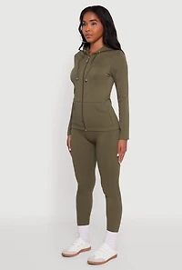 Womens Textured Knit Zip Front Drawstring Hoodie, Green, Size S-M