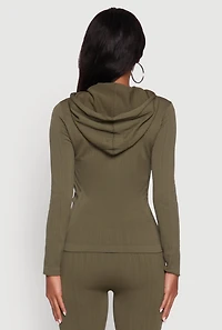 Womens Textured Knit Zip Front Drawstring Hoodie, Green, Size S-M