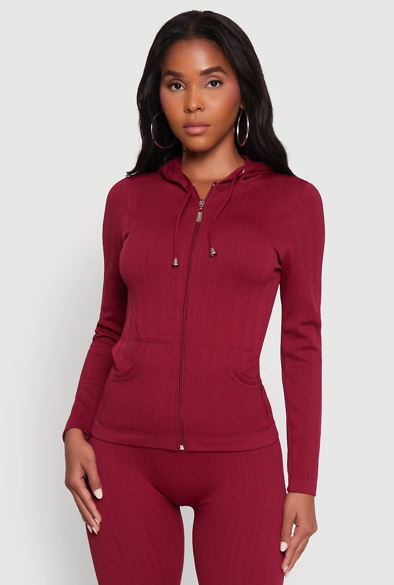 Womens Textured Knit Zip Front Drawstring Hoodie,
