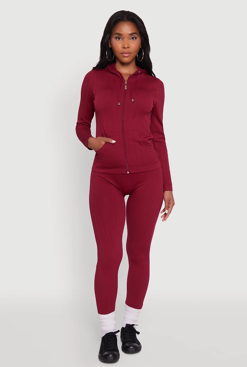 Womens Textured Knit Zip Front Drawstring Hoodie,