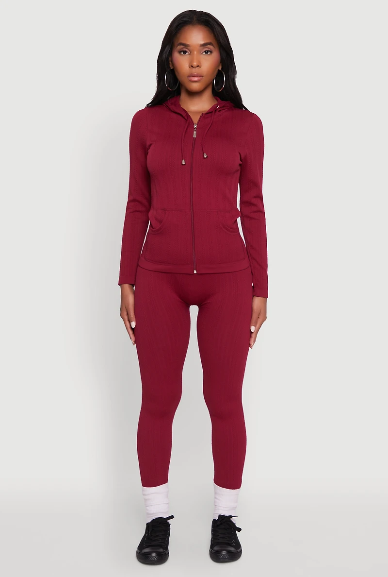 Womens Textured Knit Zip Front Drawstring Hoodie,