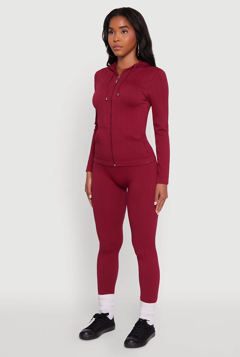 Womens Textured Knit Zip Front Drawstring Hoodie,