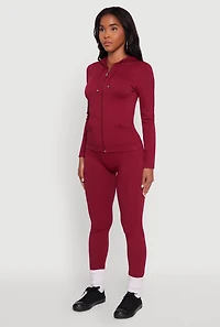 Womens Textured Knit Zip Front Drawstring Hoodie,