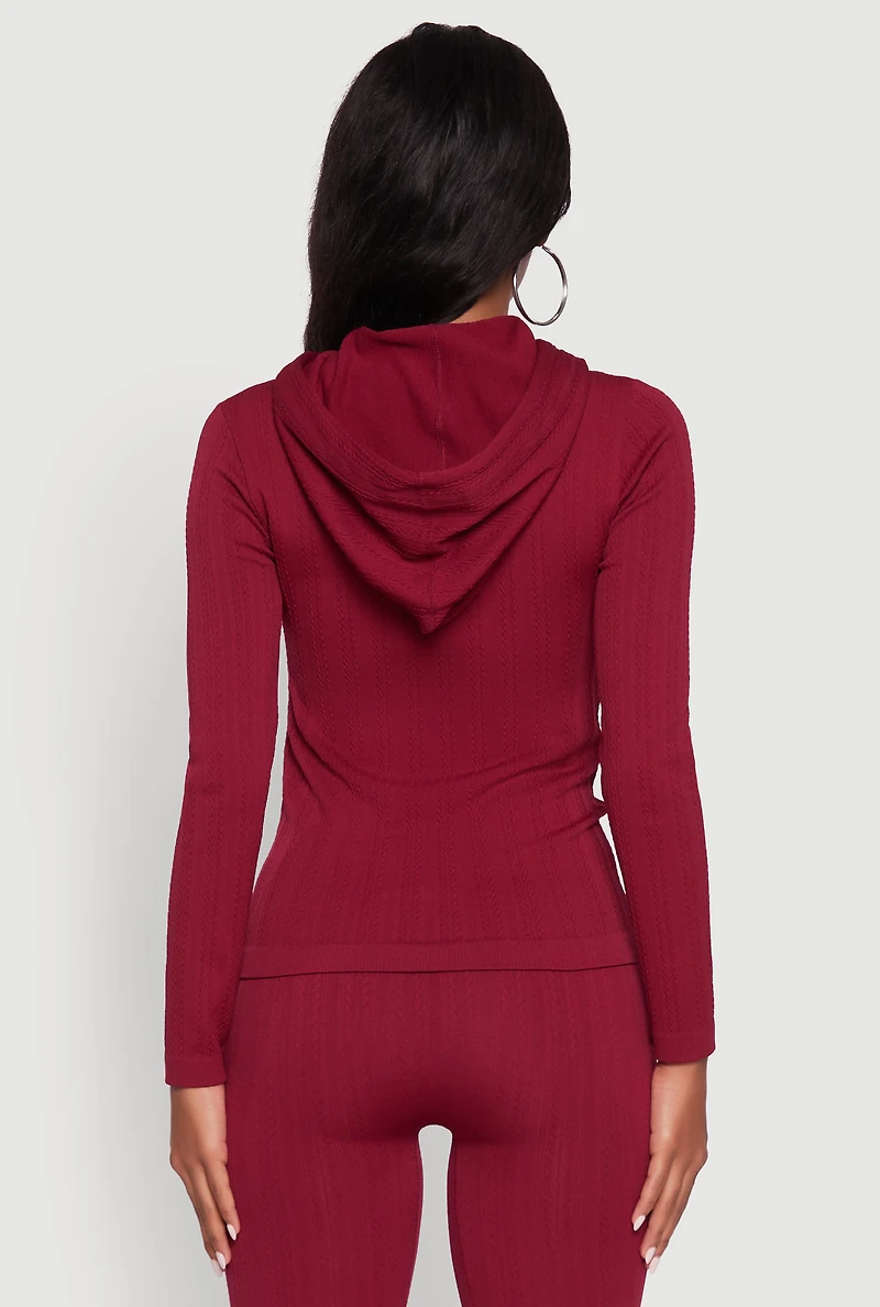 Womens Textured Knit Zip Front Drawstring Hoodie,