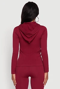 Womens Textured Knit Zip Front Drawstring Hoodie,