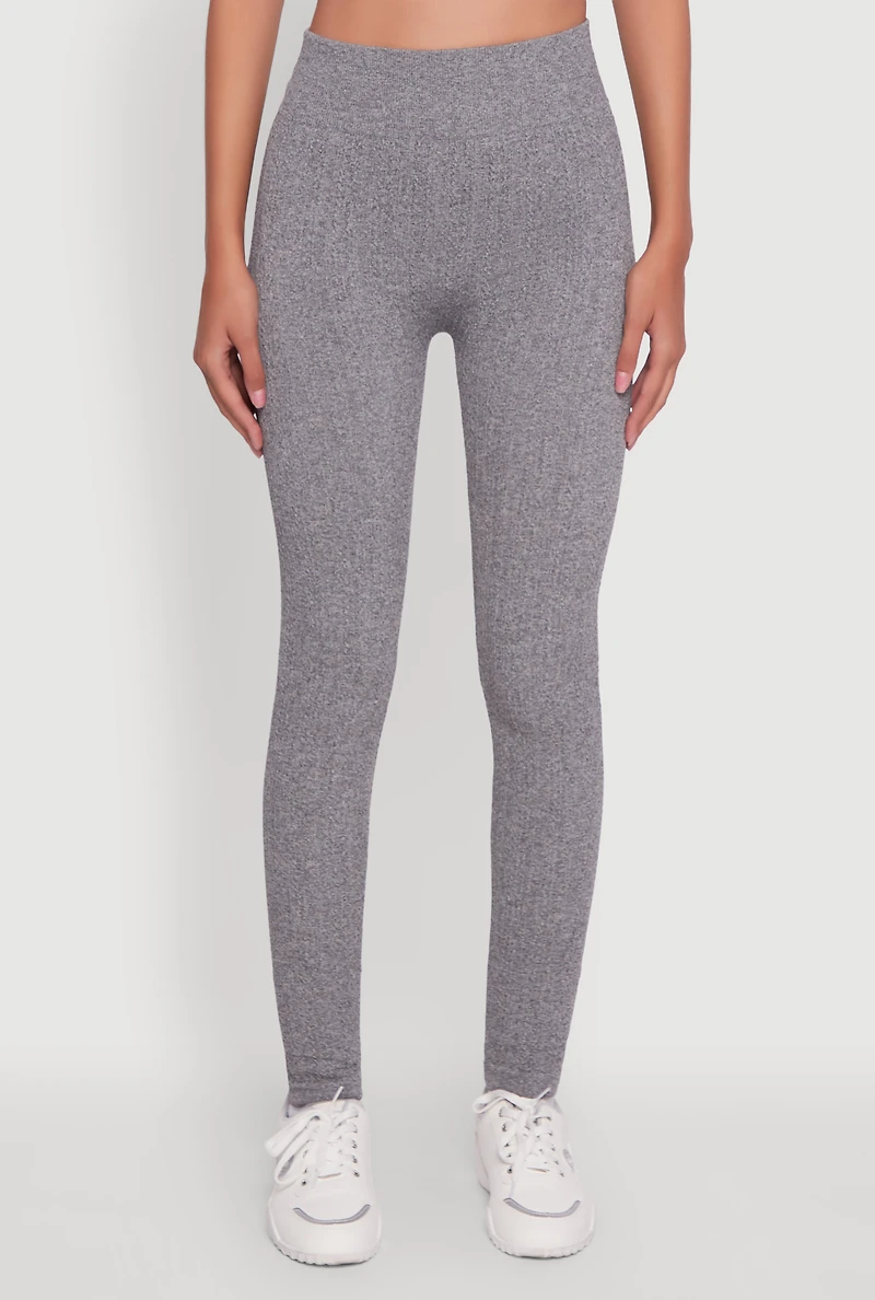 Womens Seamless Textured Knit High Waisted Leggings, Grey, Size M-L
