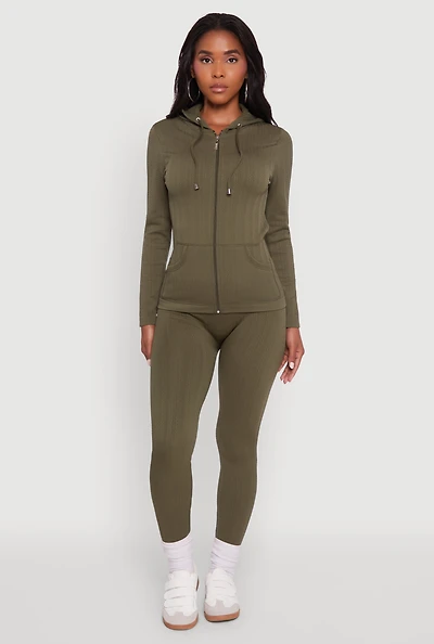 Womens Seamless Textured Knit High Waisted Leggings, Green, Size M-L