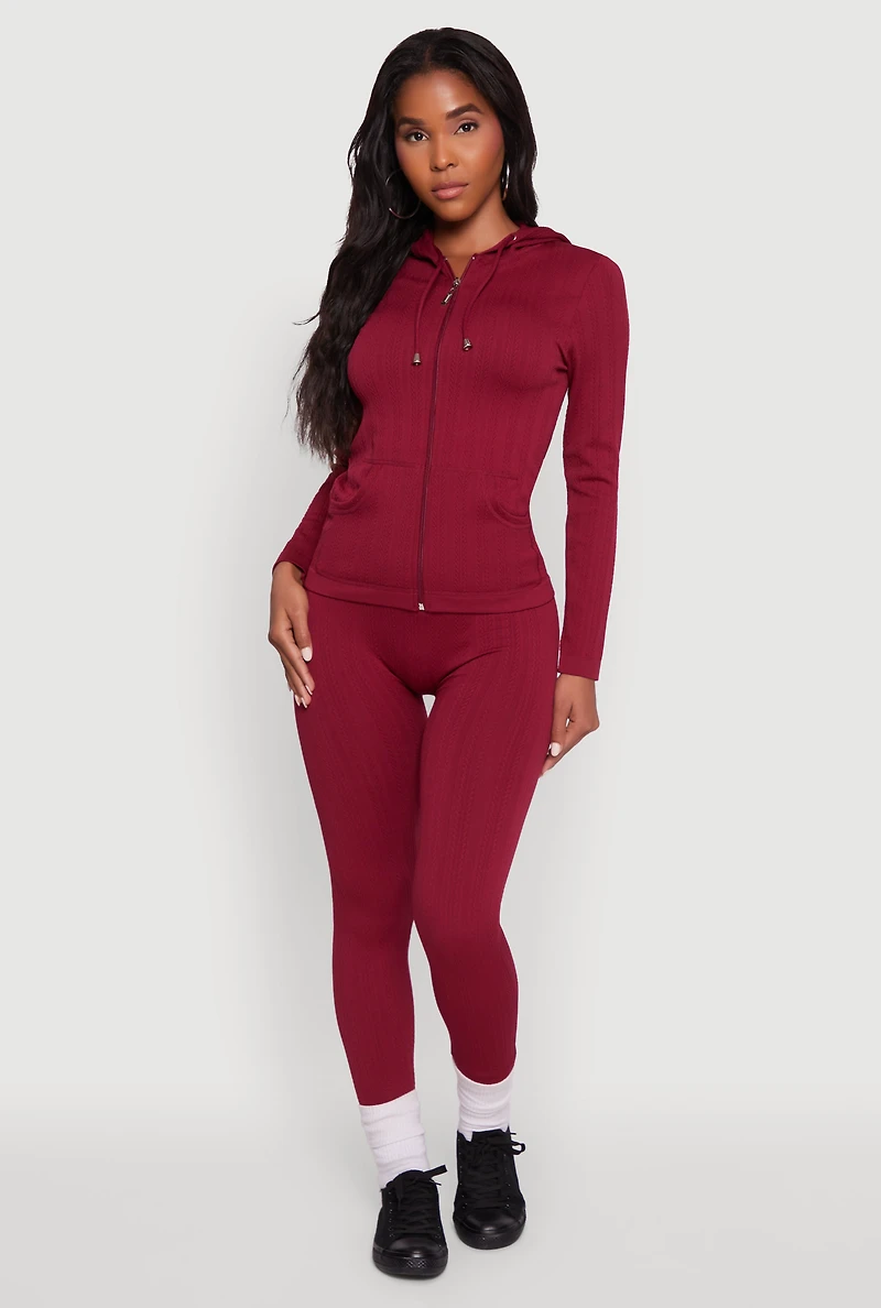 Womens Seamless Textured Knit High Waisted Leggings, Burgundy, Size M-L