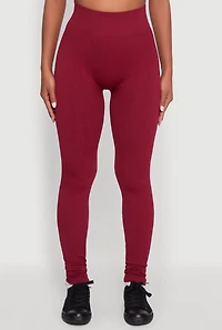 Womens Seamless Textured Knit High Waisted Leggings, Burgundy, Size M-L