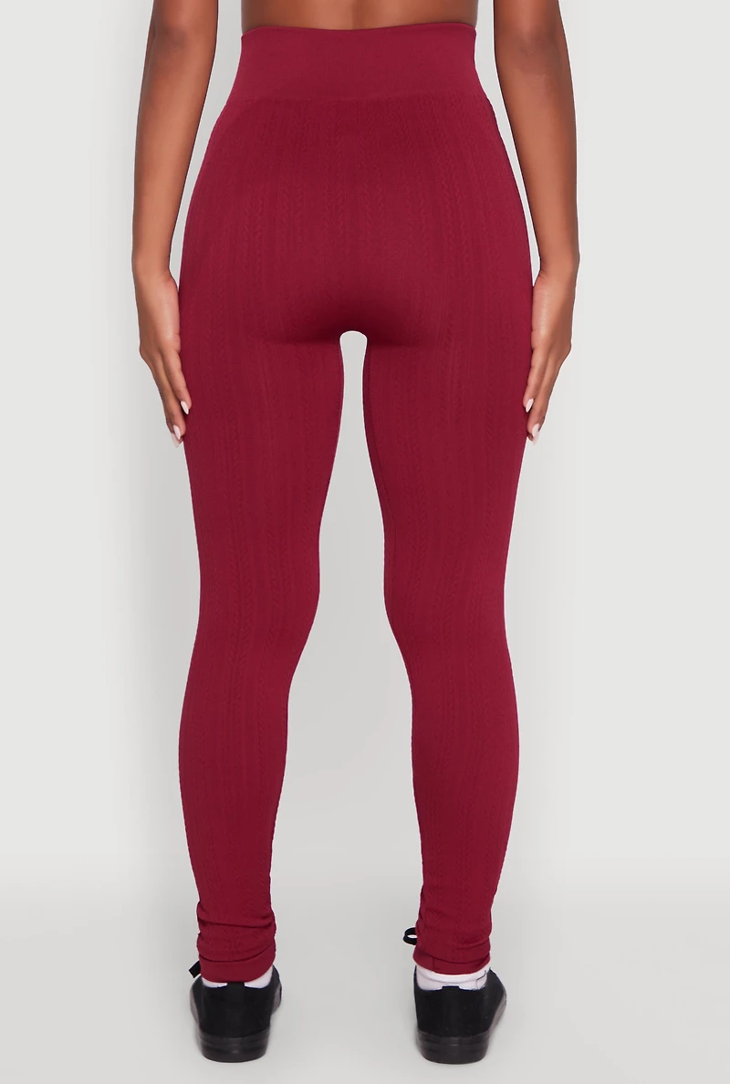 Womens Seamless Textured Knit High Waisted Leggings, Burgundy, Size M-L