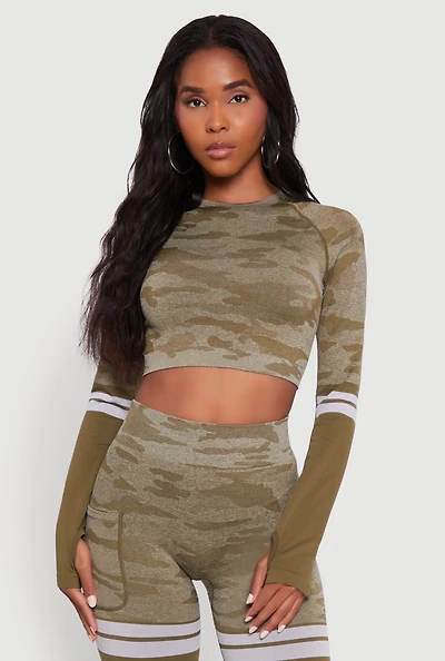 Womens Camo Two Tone Long Sleeve Crop Top with Thumb Holes, Green, Size S-M