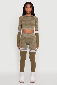 Womens Camo Two Tone Long Sleeve Crop Top with Thumb Holes, Green, Size S-M