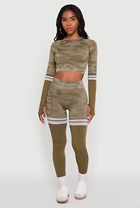 Womens Camo Two Tone Long Sleeve Crop Top with Thumb Holes, Green, Size S-M