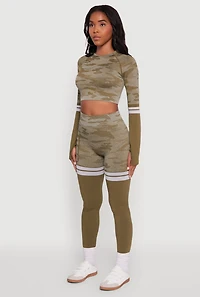 Womens Camo Two Tone Long Sleeve Crop Top with Thumb Holes, Green, Size S-M