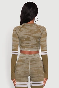 Womens Camo Two Tone Long Sleeve Crop Top with Thumb Holes, Green, Size S-M