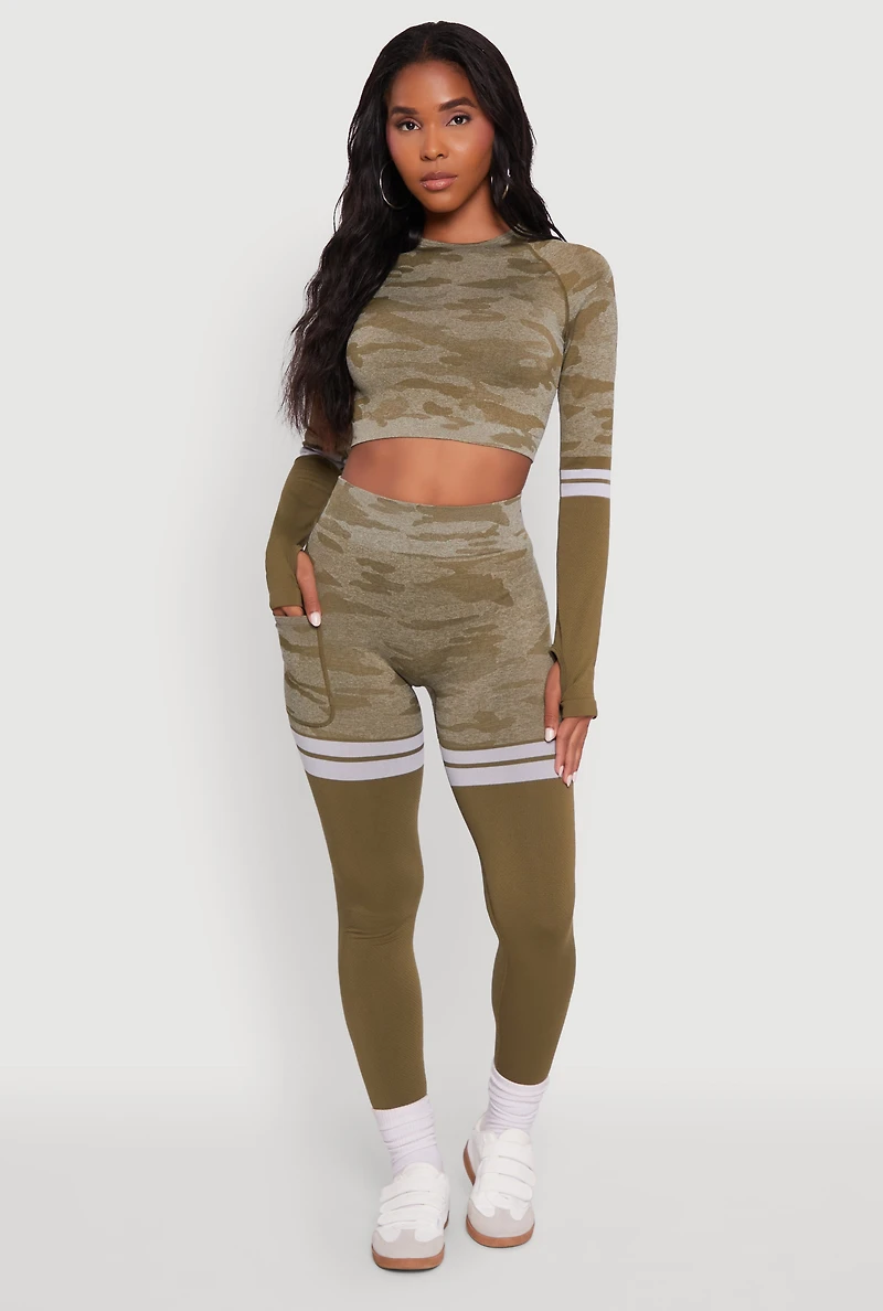 Womens Seamless Camo Two Tone High Waisted Leggings, Green, Size S-M