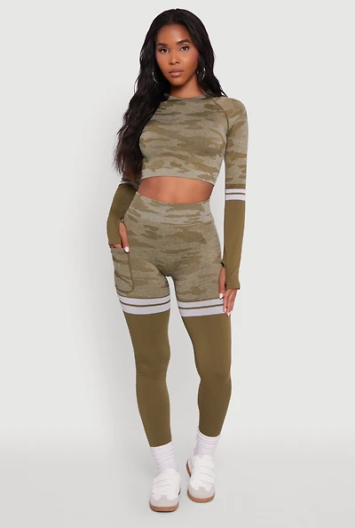Womens Seamless Camo Two Tone High Waisted Leggings, Green, Size S-M