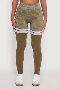 Womens Seamless Camo Two Tone High Waisted Leggings, Green, Size S-M