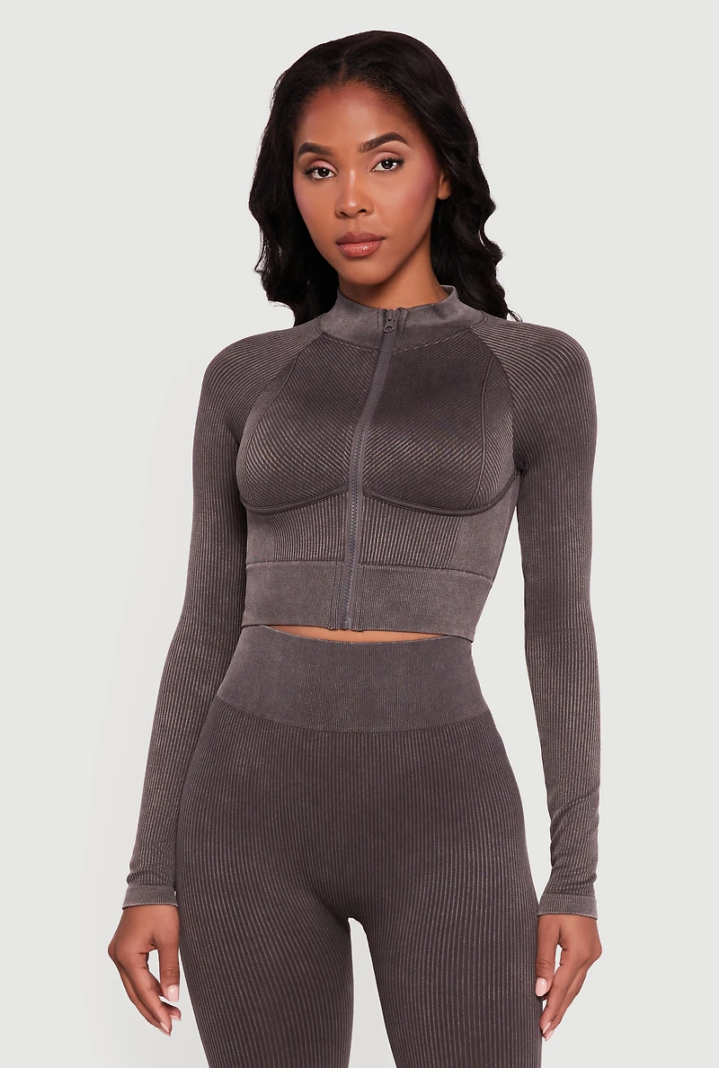 Acid Wash Zip Front Mock Neck Track Jacket