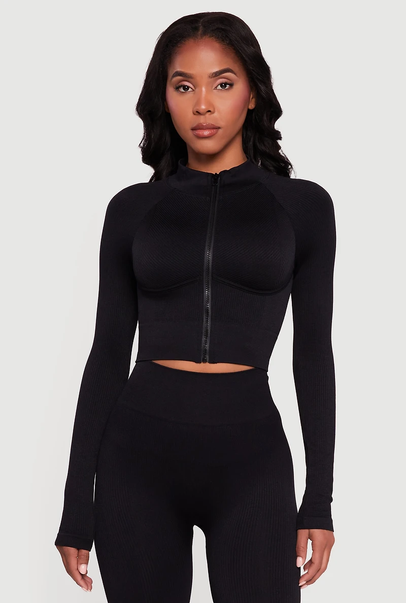 Ribbed Cropped Zip Front Active Jacket