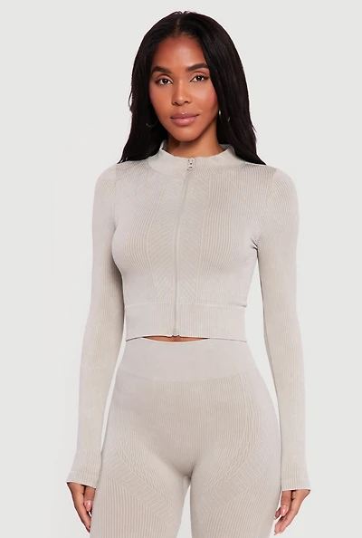 Mineral Wash Ribbed Cropped Zip Front Active Jacket