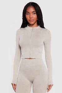 Mineral Wash Ribbed Cropped Zip Front Active Jacket