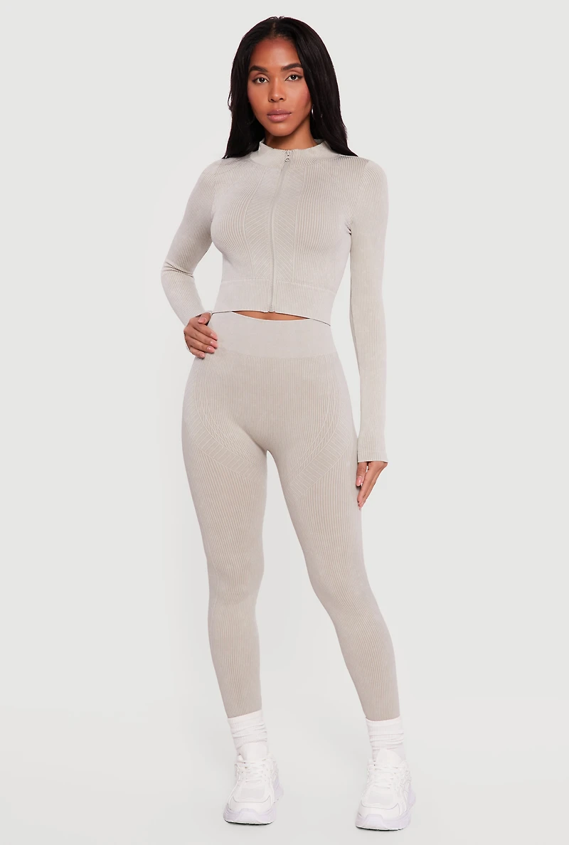 Mineral Wash Ribbed Cropped Zip Front Active Jacket