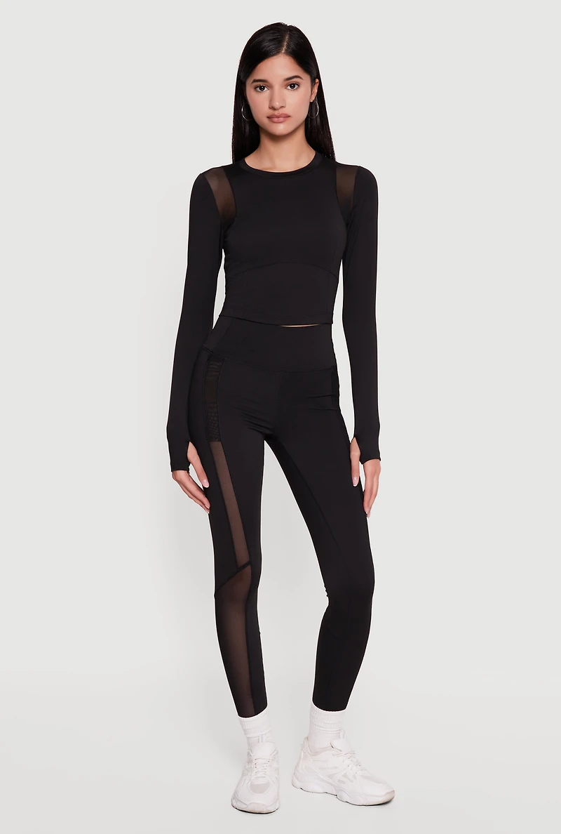 Mesh Detail Long Sleeve Active Top with Thumb Holes